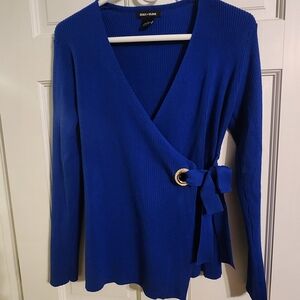 Cobalt Blue Ribbed Wrap V-Neck Sweater with Gold Ring Tie
